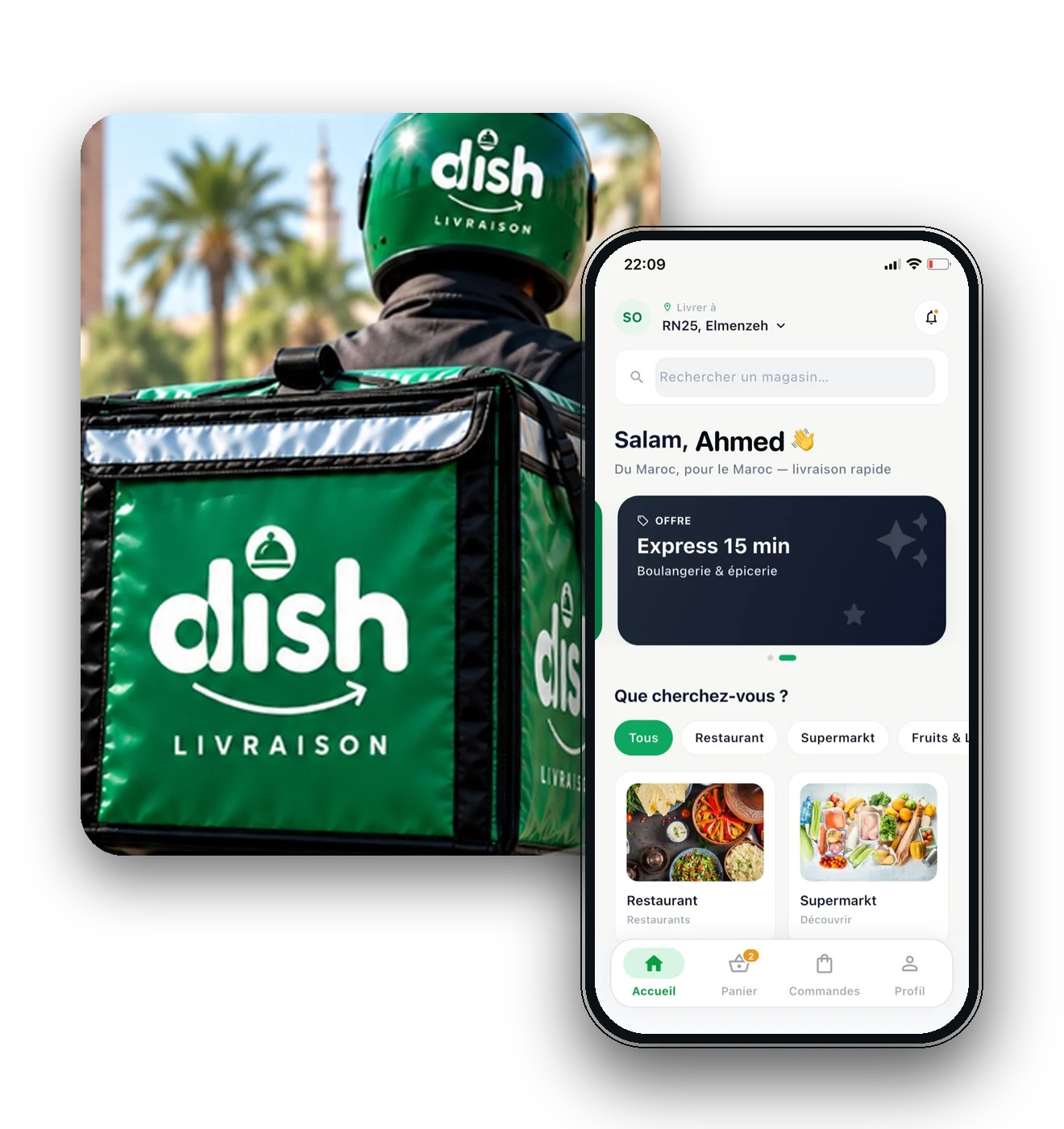 Livreur Dish avec sa box verte et l'application Dish sur un téléphone