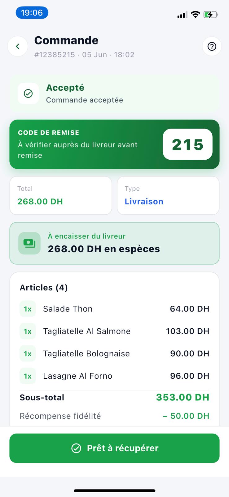 Application partenaire Dish — detail d'une commande